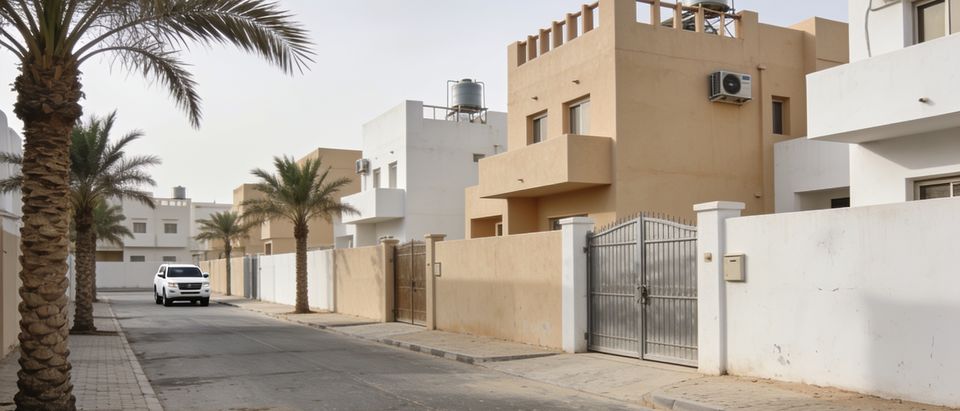 شارع سكني بجدران باهتة من الشمس، وعلى الأسطح خزانات مياه ووحدات تكييف، ونخيل على الرصيف