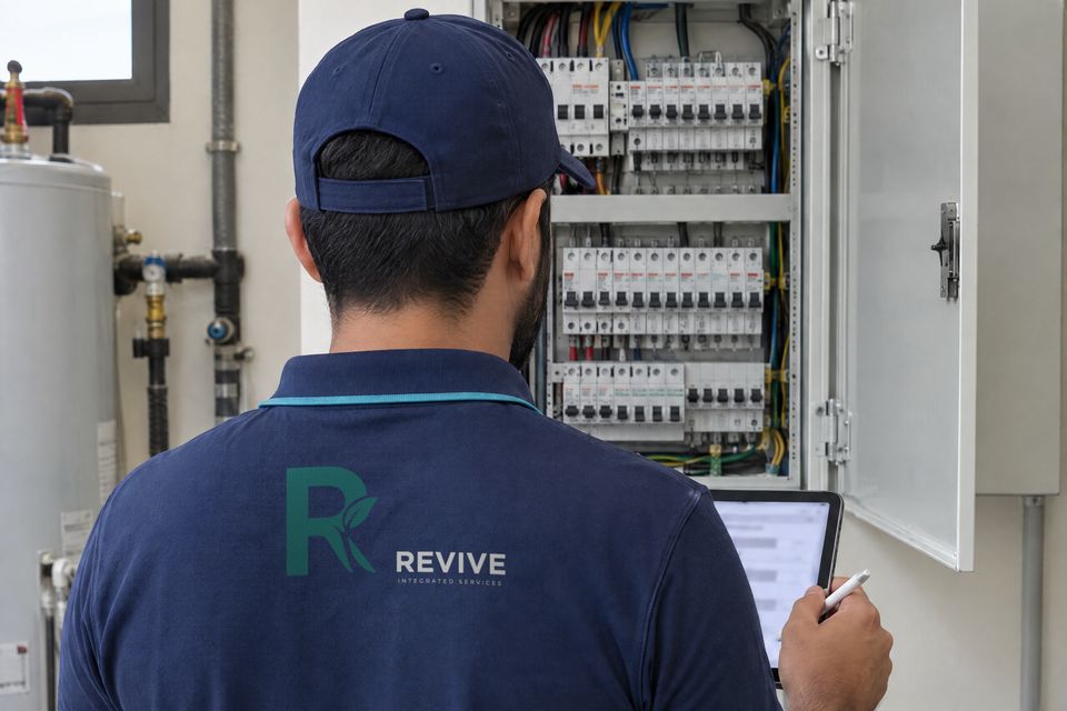 فني يرتدي قميص ريفايف يراجع لوحة توزيع كهربائية مفتوحة، وفي يده جهاز لوحي وقلم