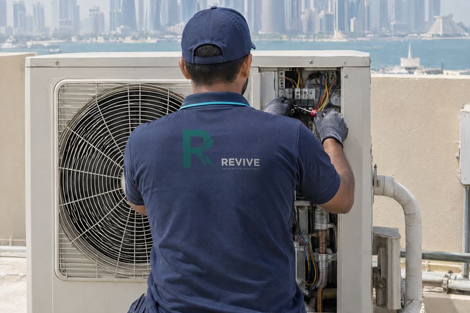 فني يرتدي قميص ريفايف يعمل على اللوحة الكهربائية لوحدة تكييف على السطح، وخلفه أفق الدوحة